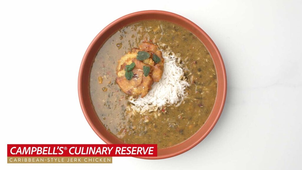 <em>Campbell’s® Culinary Reserve</em> Caribbean-Style Jerk Chicken Soup with Coconut Rice and Twice Fried Plantains  featured image